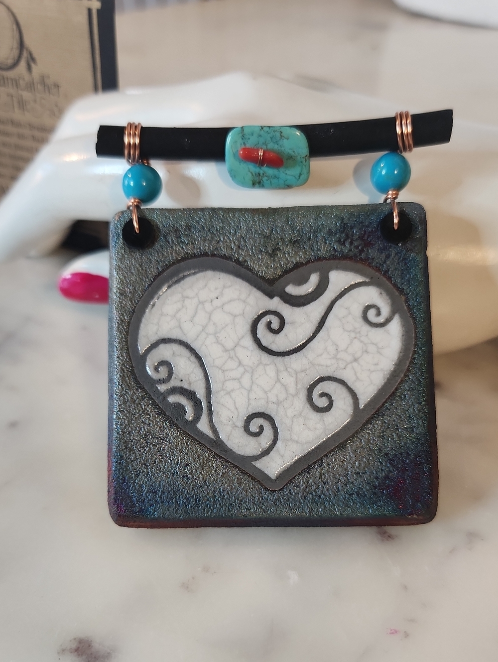 NEW Raku Dreamcatcher Turquoise Tile By Jeremy Diller 3x2.5"
